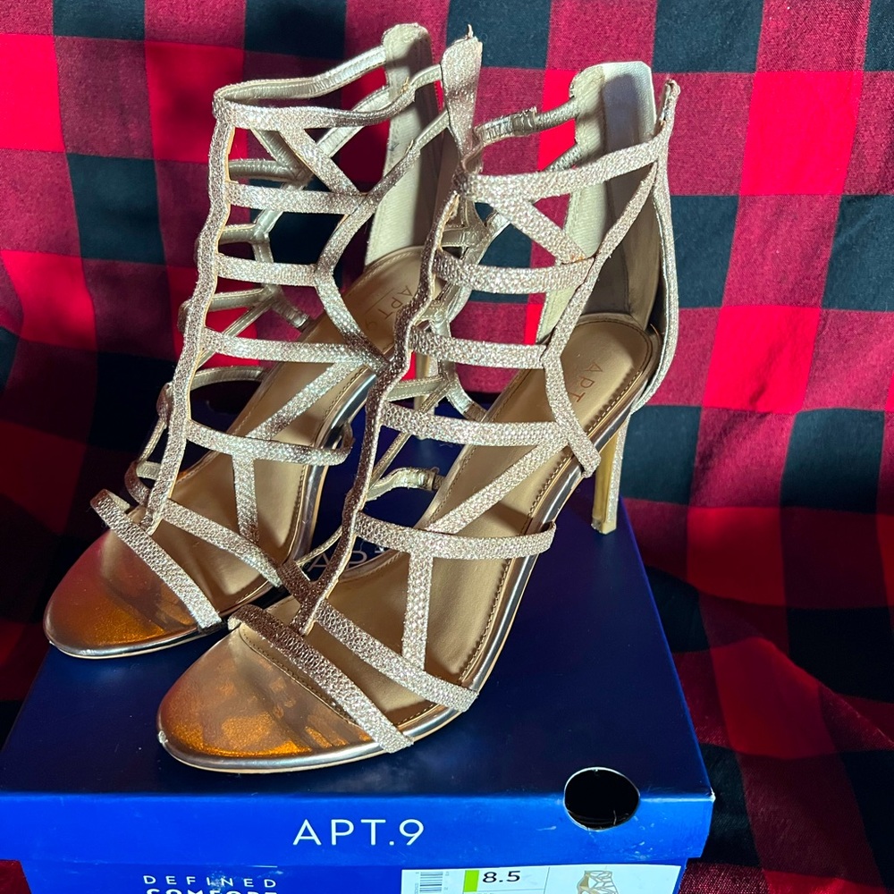 APT. 9 WOMENS HIGH HEEL ROSE GOLD OPEN TOE 3.5IN NEW IN BOX SIZE 8.5 STILETTO